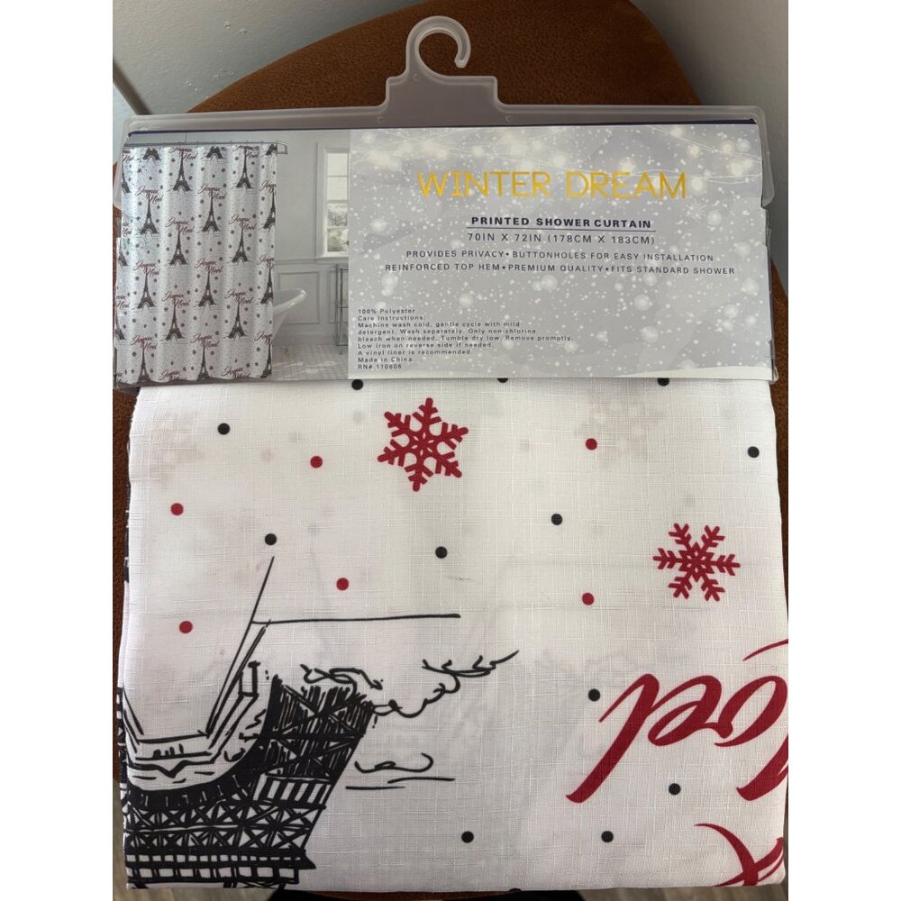 WINTER DREAM CHRISTMAS HOLIDAYS SHOWER CURTAIN 70IN X 72IN WHITE RED SNOWFLAKE